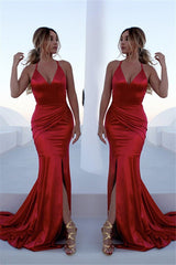 Gorgeous Red Halter Elegant Lace Up Prom Dresses Sleeveless Ruffles Chic Mermaid Side Slit Evening Dresses-Ballbella