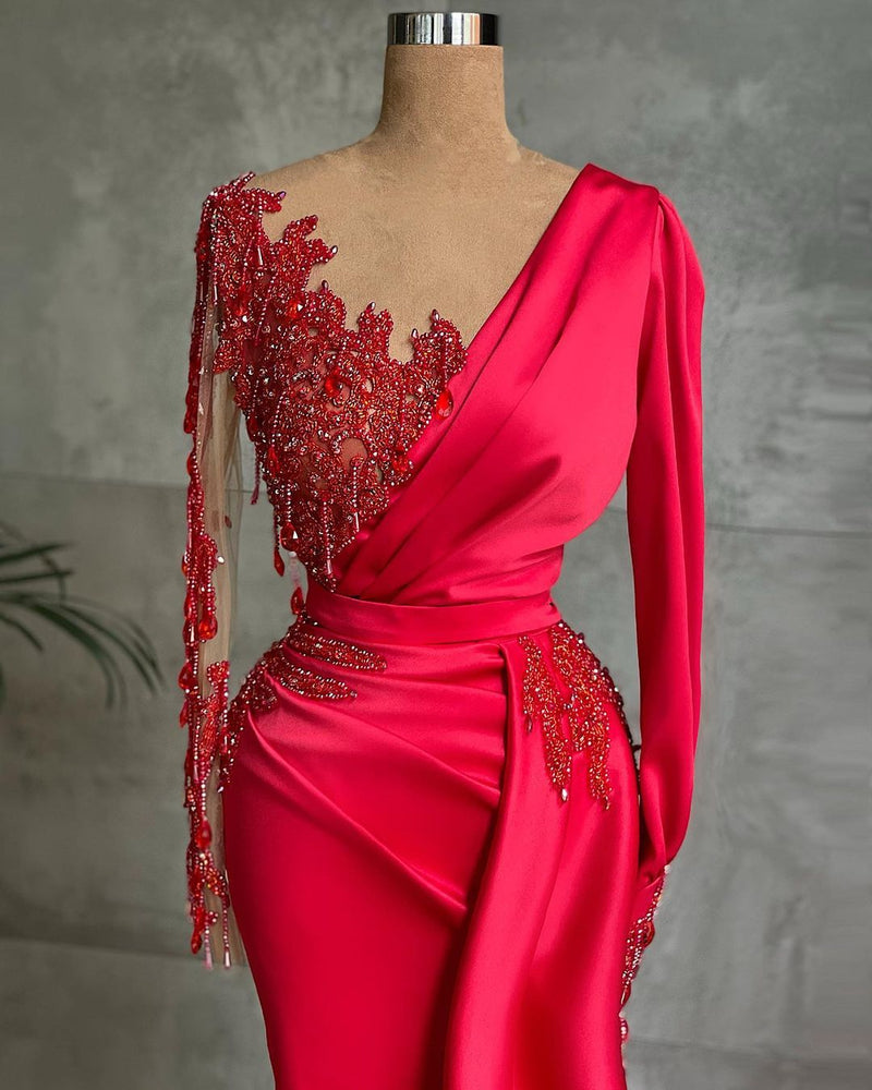 New Arrival Red Prom Dresses Off-the-Shoulder Lace Appliques Long Slee –  Ballbella