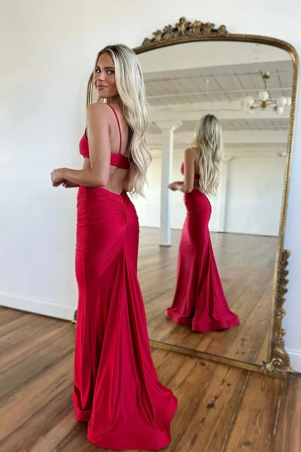 Gorgeous Red Sleeveless Mermaid Prom Dress V-Neck Spaghetti-Straps-Ballbella