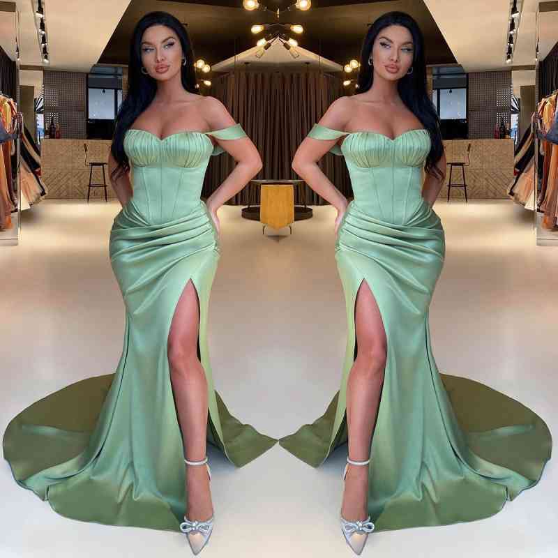 Gorgeous Sage Green Off The Shoulder Prom Dress Mermaid Slit Ballbella