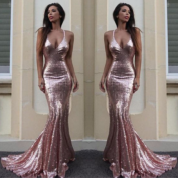 Gorgeous Sequins V-Neck Mermaid Sequins Prom Party Gowns-Ballbella