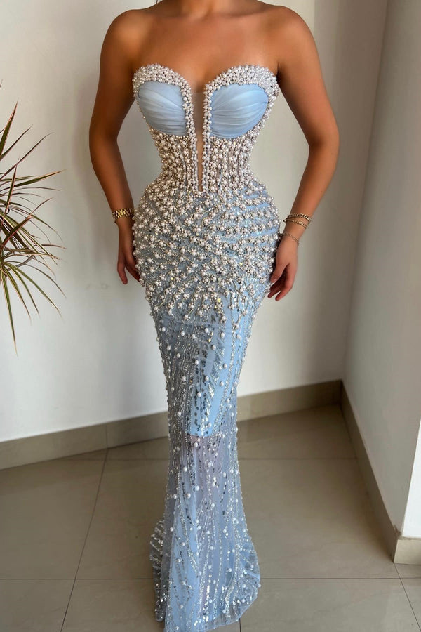 Gorgeous Sky Blue Sweetheart Pearls Prom Dress Mermaid With Beads-Ballbella