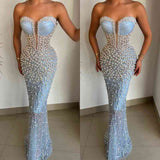 Gorgeous Sky Blue Sweetheart Pearls Prom Dress Mermaid With Beads-Ballbella