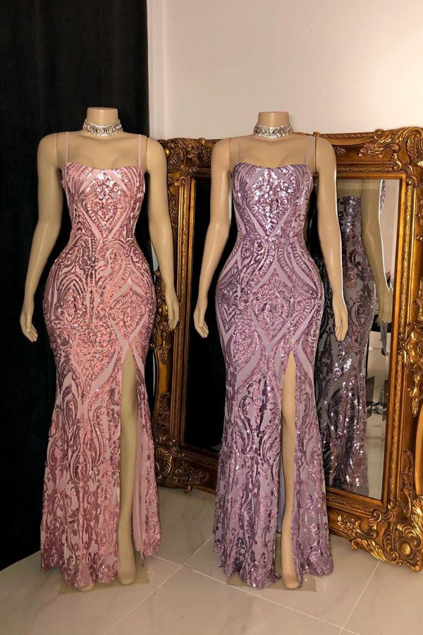 Gorgeous Spaghetti Straps Front Slit Sequins Mermaid Prom Dresses-Ballbella