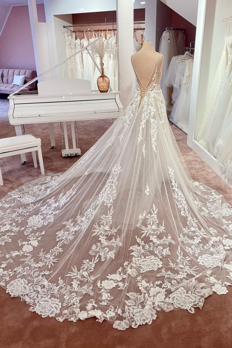 Gorgeous Spaghetti-Straps Lace Wedding Dress Tulle Sleeveless Bridal Gowns-Ballbella