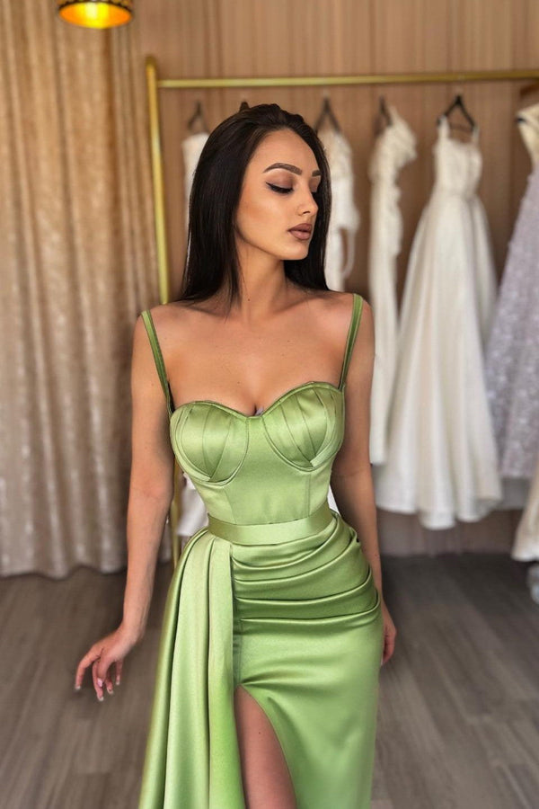 Gorgeous Spaghetti-Straps Sage Green Prom Dress Mermaid Split Long-Ballbella