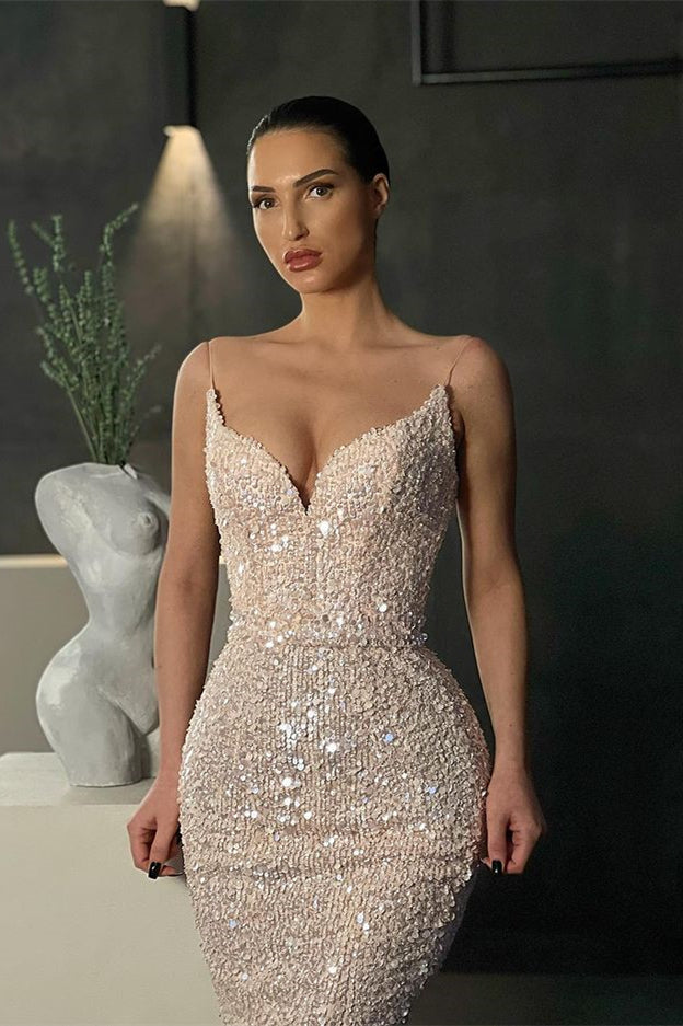 Gorgeous Spaghetti-Straps Sequins Mermaid Evening Dress Long On Sale-Ballbella