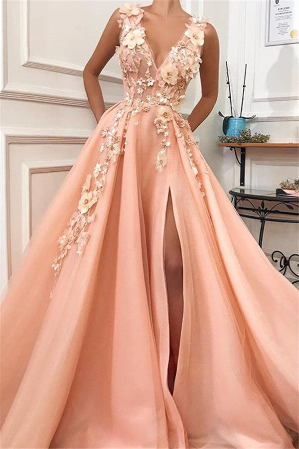 Gorgeous Straps V-Neck Flower Appliques A-Line Prom Party Gowns-Ballbella