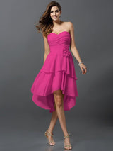 A-Line Charming Sweetheart Hand-Made Flower Sleeveless High Low Chiffon Bridesmaid Dresses