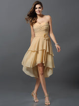 A-Line Charming Sweetheart Hand-Made Flower Sleeveless High Low Chiffon Bridesmaid Dresses