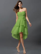 A-Line Charming Sweetheart Hand-Made Flower Sleeveless High Low Chiffon Bridesmaid Dresses