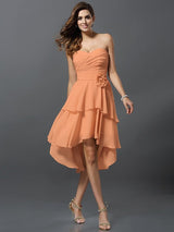 A-Line Charming Sweetheart Hand-Made Flower Sleeveless High Low Chiffon Bridesmaid Dresses