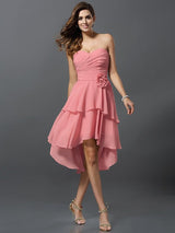 A-Line Charming Sweetheart Hand-Made Flower Sleeveless High Low Chiffon Bridesmaid Dresses