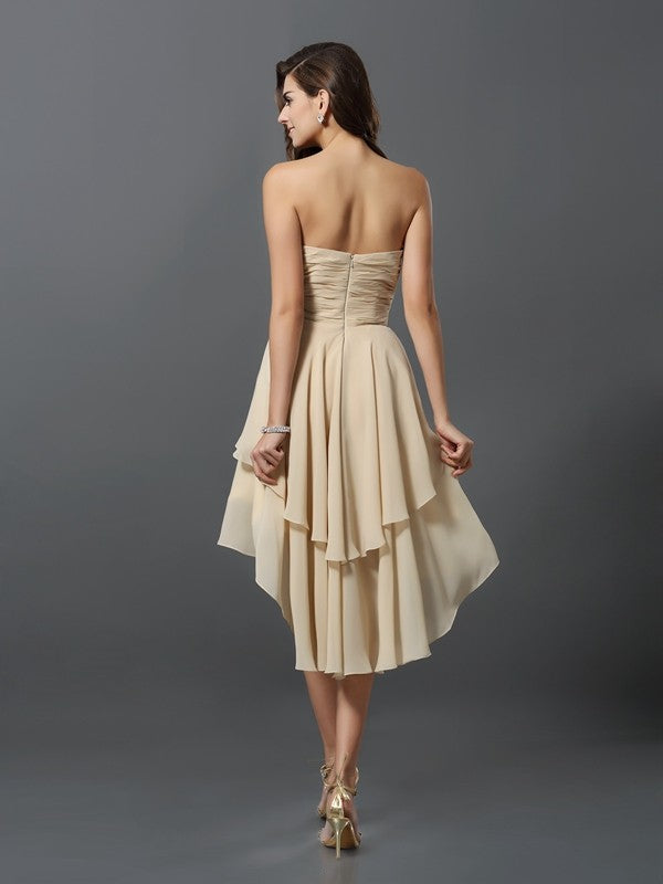 A-Line Charming Sweetheart Hand-Made Flower Sleeveless High Low Chiffon Bridesmaid Dresses