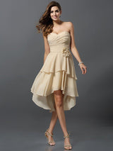 A-Line Charming Sweetheart Hand-Made Flower Sleeveless High Low Chiffon Bridesmaid Dresses