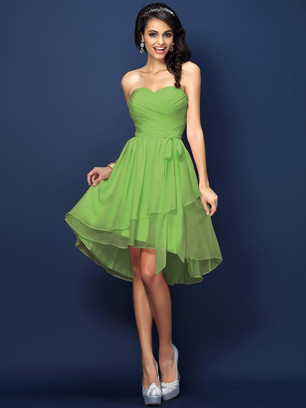 A-Line Charming Sweetheart Pleats Bowknot Sleeveless Short Chiffon Bridesmaid Dresses