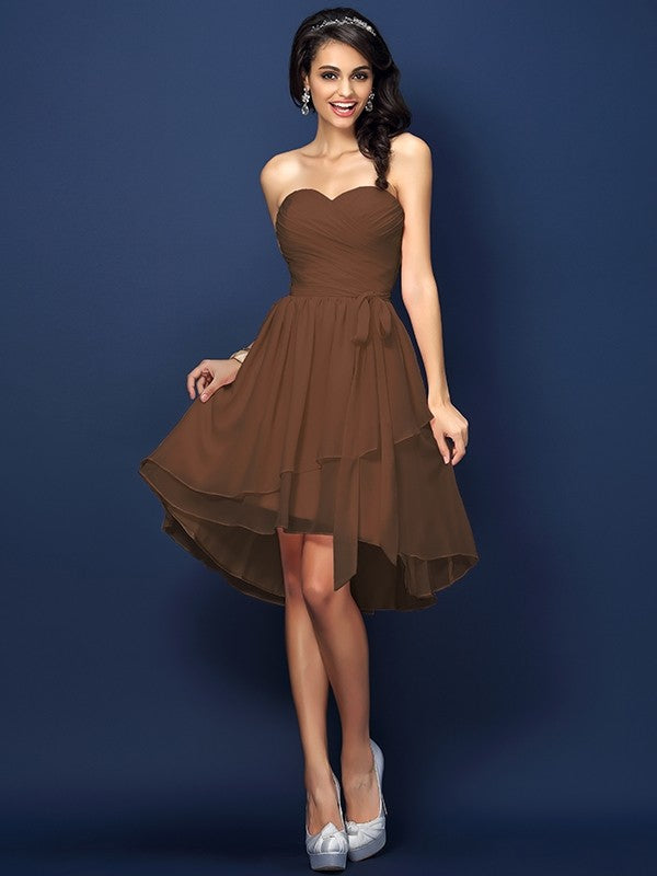 A-Line Charming Sweetheart Pleats Bowknot Sleeveless Short Chiffon Bridesmaid Dresses