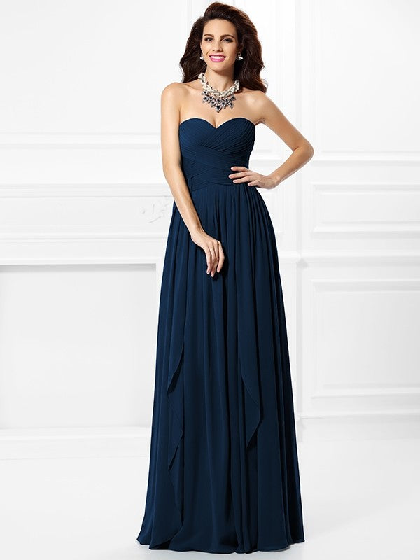 A-Line Charming Sweetheart Pleats Ruffles Sleeveless Long Chiffon Bridesmaid Dresses