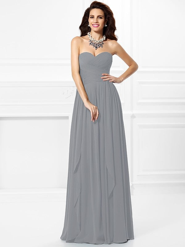 A-Line Charming Sweetheart Pleats Ruffles Sleeveless Long Chiffon Bridesmaid Dresses