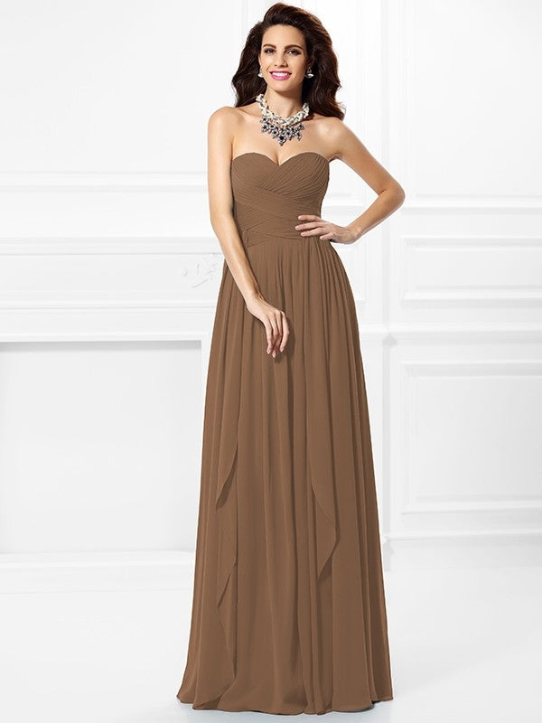 A-Line Charming Sweetheart Pleats Ruffles Sleeveless Long Chiffon Bridesmaid Dresses