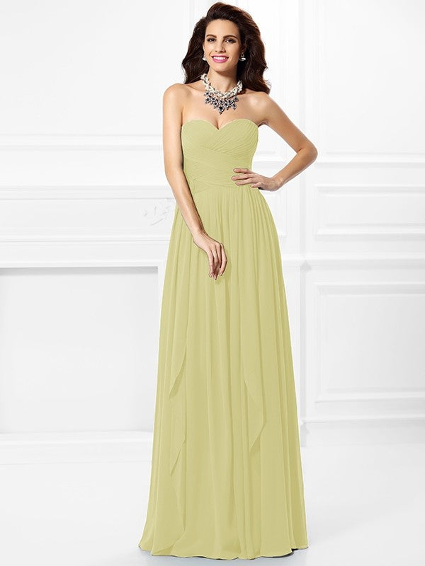 A-Line Charming Sweetheart Pleats Ruffles Sleeveless Long Chiffon Bridesmaid Dresses