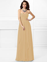 A-Line Charming Sweetheart Pleats Ruffles Sleeveless Long Chiffon Bridesmaid Dresses