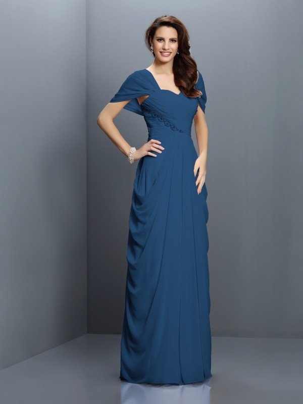 A-Line Charming Sweetheart Pleats Short Sleeves Long Chiffon Bridesmaid Dresses