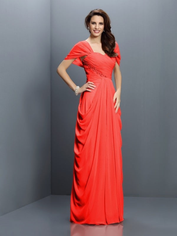 A-Line Charming Sweetheart Pleats Short Sleeves Long Chiffon Bridesmaid Dresses