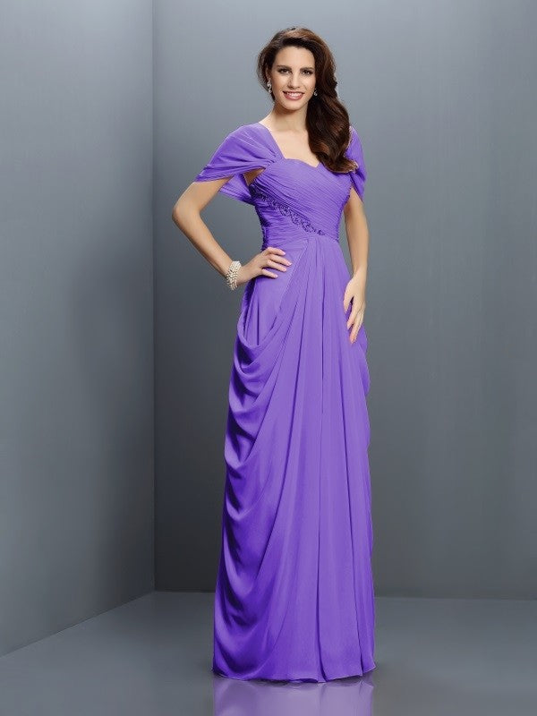 A-Line Charming Sweetheart Pleats Short Sleeves Long Chiffon Bridesmaid Dresses