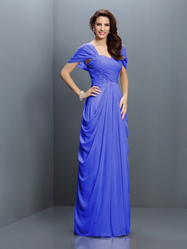 A-Line Charming Sweetheart Pleats Short Sleeves Long Chiffon Bridesmaid Dresses