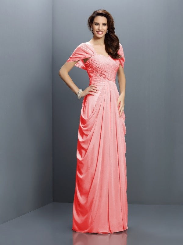 A-Line Charming Sweetheart Pleats Short Sleeves Long Chiffon Bridesmaid Dresses