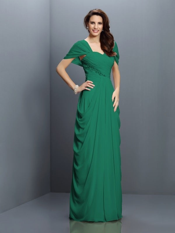 A-Line Charming Sweetheart Pleats Short Sleeves Long Chiffon Bridesmaid Dresses