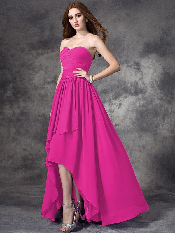 Gorgeous Sweetheart Ruffles Sleeveless High Low Chiffon Bridesmaid Dresses-Ballbella