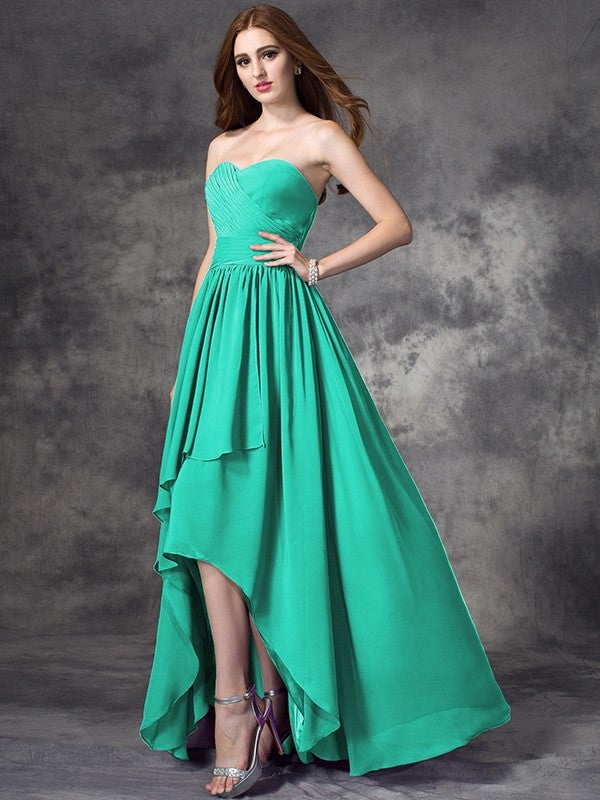 Gorgeous Sweetheart Ruffles Sleeveless High Low Chiffon Bridesmaid Dresses-Ballbella