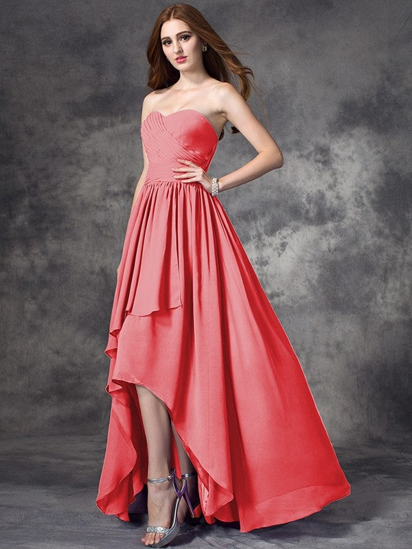 Gorgeous Sweetheart Ruffles Sleeveless High Low Chiffon Bridesmaid Dresses-Ballbella