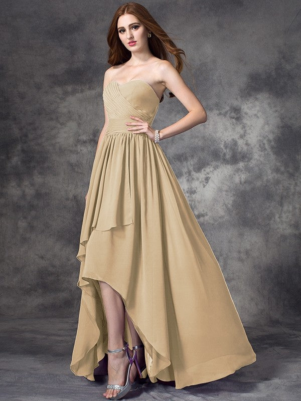 Gorgeous Sweetheart Ruffles Sleeveless High Low Chiffon Bridesmaid Dresses-Ballbella