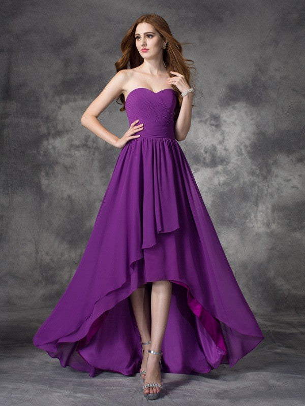 Gorgeous Sweetheart Ruffles Sleeveless High Low Chiffon Bridesmaid Dresses-Ballbella