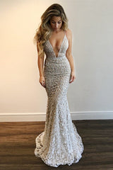 Gorgeous V-Neck Prom Party Gowns| Lace Mermaid Evening Gowns-Ballbella