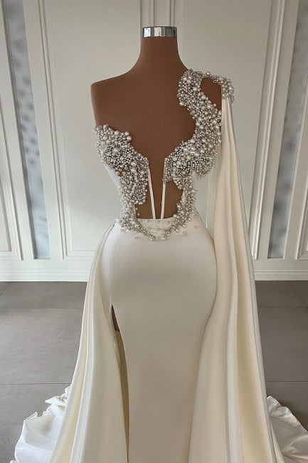 Gorgeous White A-line One Shoulder Graduation Dresses Long Glitter Prom Dresses With Split Online-Ballbella