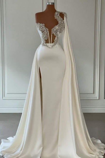 Gorgeous White A-line One Shoulder Graduation Dresses Long Glitter Prom Dresses With Split Online-Ballbella