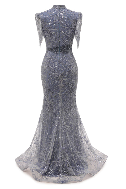 Gray Mermaid Sparkle Half Sleeves V-neck High neck Evening Dresses-Ballbella