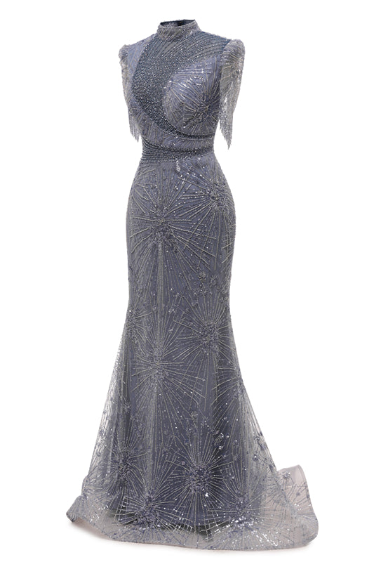 Gray Mermaid Sparkle Half Sleeves V-neck High neck Evening Dresses-Ballbella