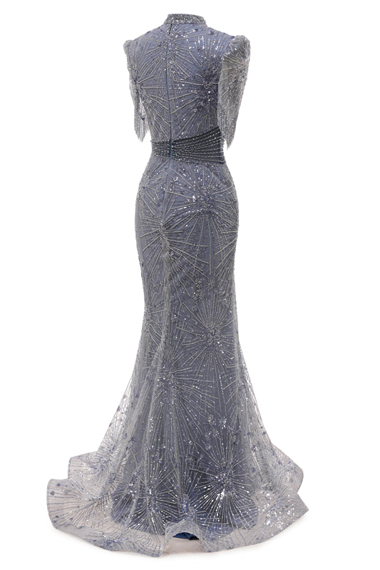 Gray Mermaid Sparkle Half Sleeves V-neck High neck Evening Dresses-Ballbella