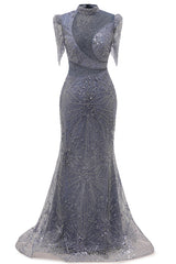 Gray Mermaid Sparkle Half Sleeves V-neck High neck Evening Dresses-Ballbella