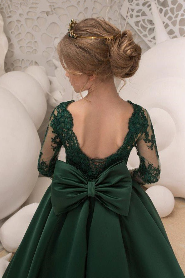 Green Jewel Lace Backless Bowtie Long Sleeves Floor Length Girl Party Flower Girl Dresses-Ballbella