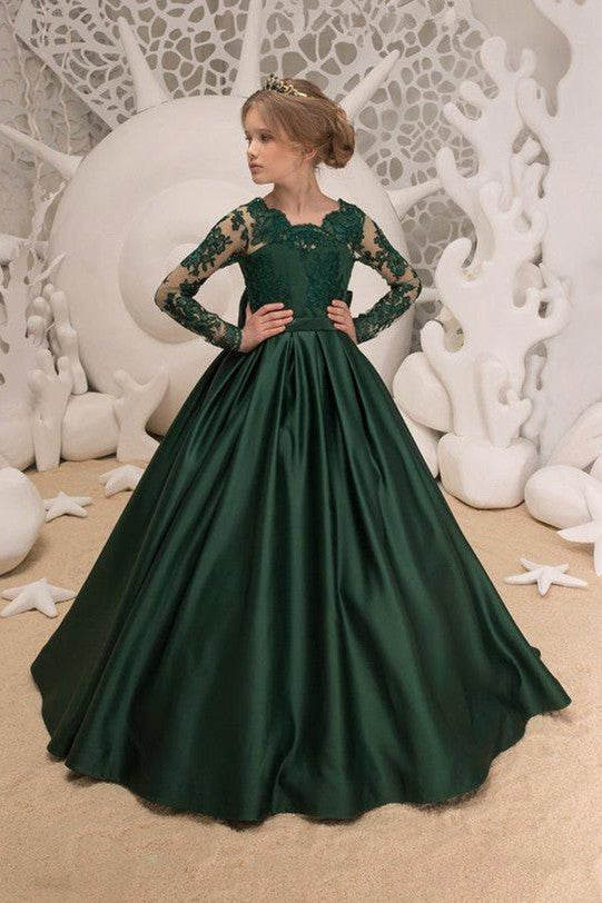 Green Jewel Lace Backless Bowtie Long Sleeves Floor Length Girl Party Flower Girl Dresses-Ballbella