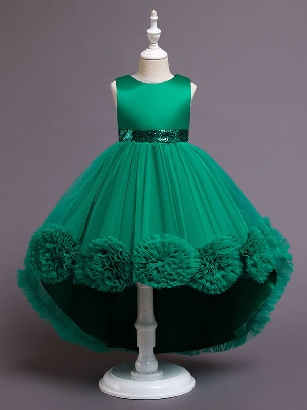 Green Jewel Neck Sleeveless Bows Tulle Cotton Sequined Kids Party Dresses-Ballbella