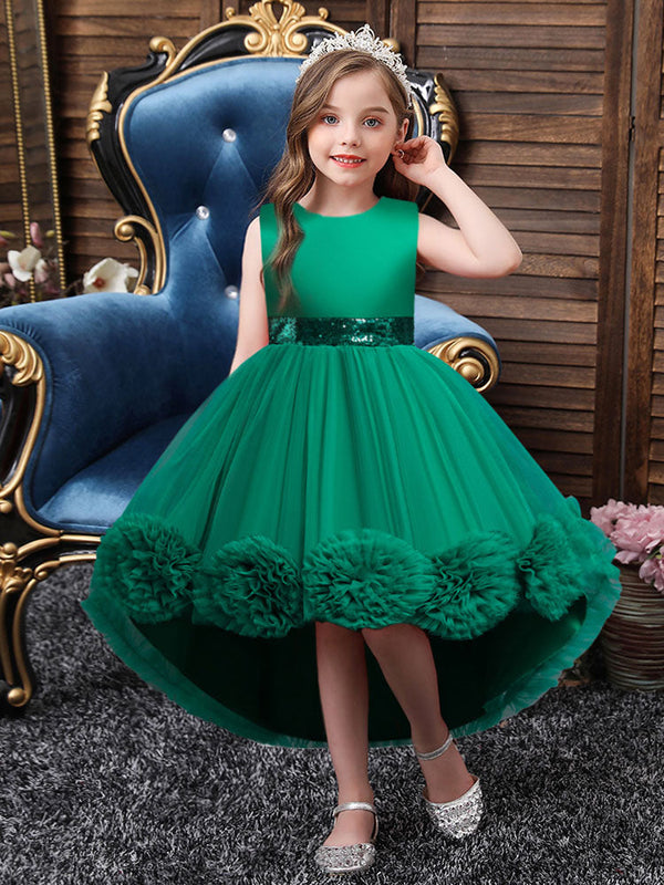 Green Jewel Neck Sleeveless Bows Tulle Cotton Sequined Kids Party Dresses-Ballbella