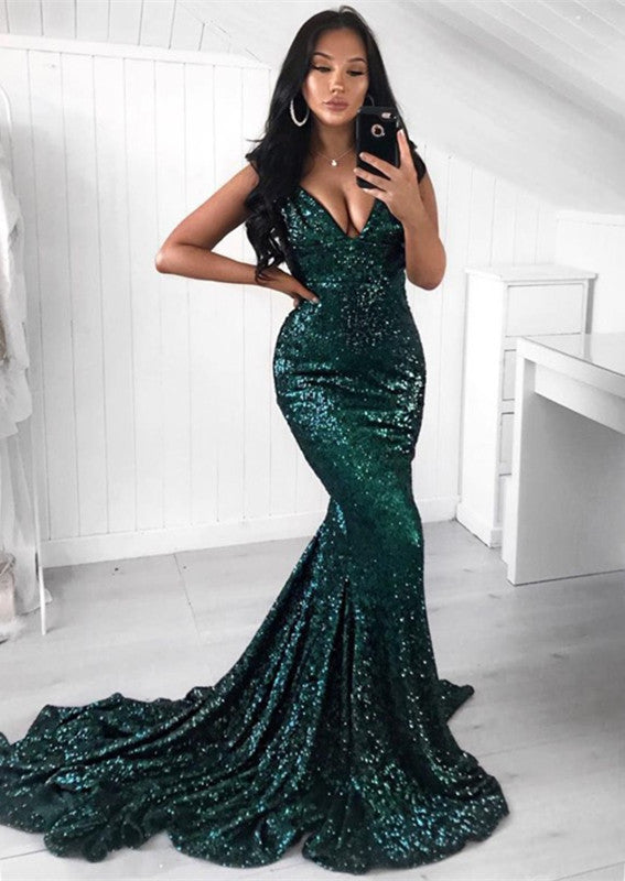 Green Sequins Prom Party Gowns| Mermaid Evening Party Dress-Ballbella