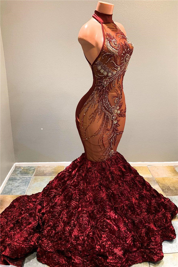 Halter Fit and Flare Flowers Maroon Prom Dresses Full Beads Sequins Luxurious Evening Dress-Ballbella